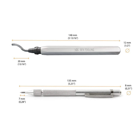 Pro Grade Deburring Tool Kit With 11 High Speed Steel Swivel Blades And Tungsten Carbide Scribe dimensions view