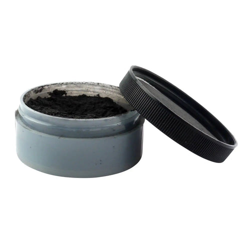 Open jar of regular latent powder from Crime Scene Latent Fingerprint Kit Black With Regular Latent Powder 2 Oz Fiberglass Brush Heavy Duty Carry