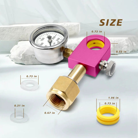 Purple Upgrade Soda Refill Adapter For 60L Pink CO2 Cylinders with gauge, brass fittings, and washers on white background