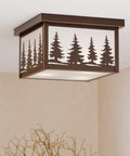 Rustic Burnished Bronze Flush Mount Ceiling Light With White Tiffany Glass, E26 Bulb Compatible, Dimmable, Damp Rated, Tree Design