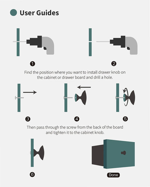 User guide for Premium Brushed Nickel Cabinet Drawer Knobs showing installation steps for screws and knobs.