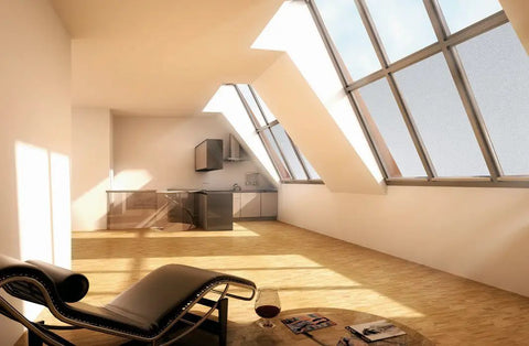Spacious room with large windows featuring self adhesive privacy glass window film in snow color, enhancing privacy while letting light in.