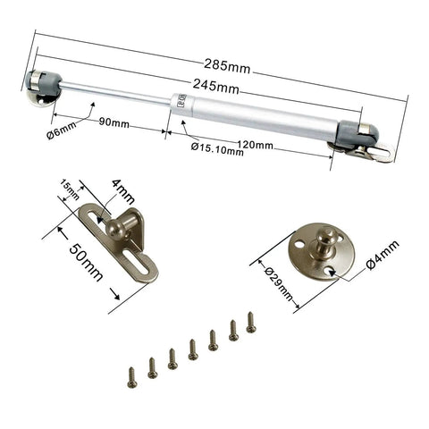 Heavy Duty Gas Struts For Cabinets 4 Pack Soft Close Lid Lift Supports With Brackets And Screws 80N And 150N Options, showing dimensions and components.