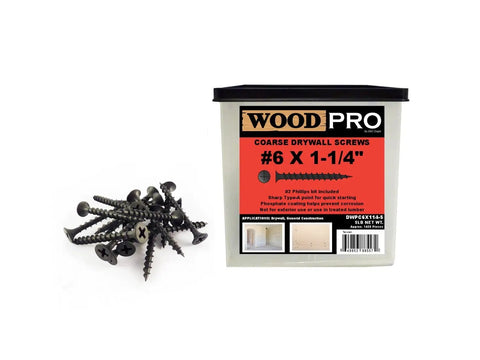 Box and pile of Coarse No 2 Phillips Drywall Screws 6 X 1-1/4 Inch Black Coated, 1420-Piece, 5-Pound Pack For Quick, Heavy-Duty Wall Installations.