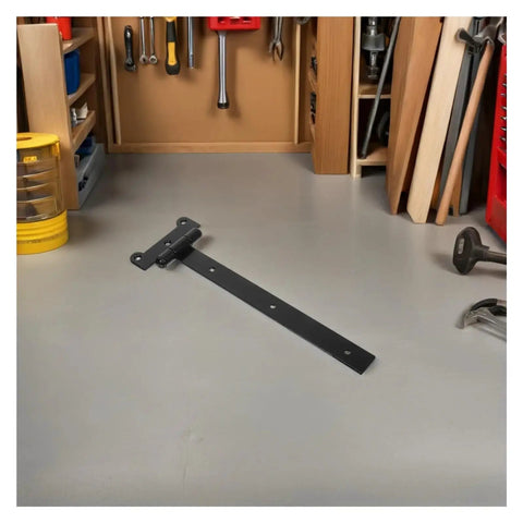 Beefy Heavy Duty T Shaped Gate Hinges With Black Finish for smooth quiet operation shown on workshop floor.