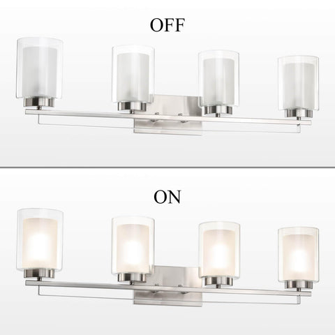 Lit 4 Light Vanity Light With Dual Glass Shades In Brushed Nickel Hardwired Wall Mount Indoor Modern Bath And Kitchen Fixture for Bathrooms Hallways And More, shown with lights off and on.