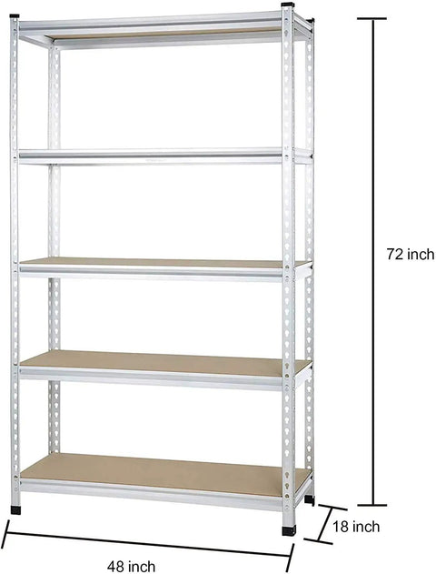Rock Solid Five Tier Aluminum Storage Shelving Rack With Adjustable Heavy Duty Platforms For Garage Workshop And Home, 72x48x18 inches.