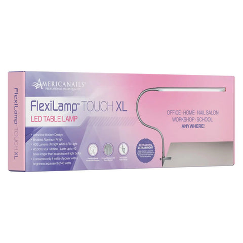 Box packaging of FlexiLamp Touch XL LED Nail Desk Lamp with removable clamp and flexible arm for salons and workspaces.