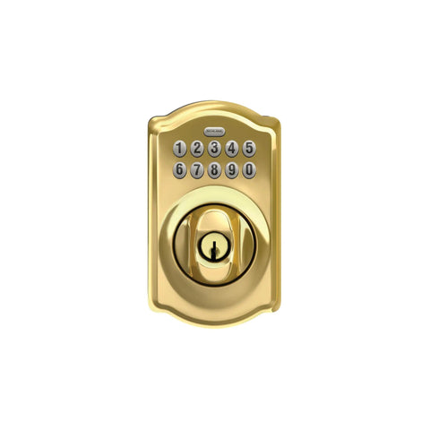 Lock Down Your Doorway With This Sleek Electronic Keypad Deadbolt That Comes Straight Up Preprogrammed For Smooth Keyless Entry And Holds Up To Nineteen Custom Codes In Bright Brass - Top view of brass electronic keypad lock.