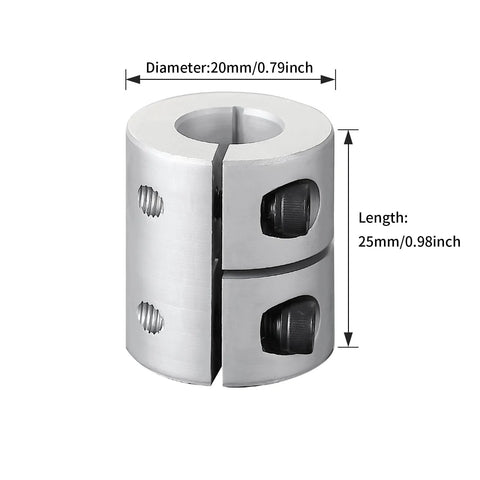 Front view aluminum alloy rigid shaft coupling, 20mm dia, 25mm length, split clamp with set screws for 6-8mm bore.