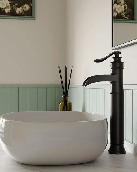 Vessel Sink Faucet Waterfall Matte Black With Pop Up Drain Without Overflow And Supply Lines One Handle Vanity Bathroom Mixer Tap Durable Solid Brass Construction Sleek Dope Finish next to a white vessel sink.