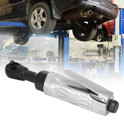 Pro Grade Pneumatic Ratchet Wrench With Quarter Inch Driver And Adjustable Twenty Five Foot Pound Torque For Quick Garage Fixes and Auto Tasks on a vehicle lift.