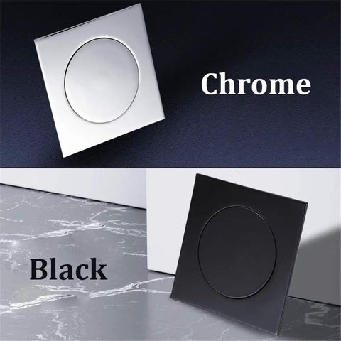 Pop Up Foot Floor Drain Push Down Bathtub Plug Built Tough Brass Chrome Finish square tile drain in chrome and black color.