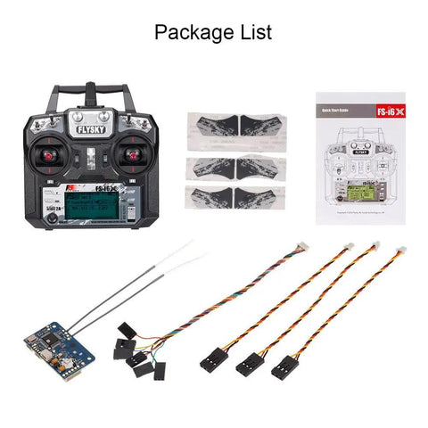 FS-i6X 10CH 2.4GHz RC Transmitter Remote Controller with FS-X6B Receiver set, wires, stickers, and manual for drones.