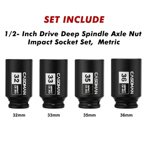 Image of 4-piece heavy duty half inch drive deep impact socket set, 6 point CR MO steel, 32-36mm, for axle nut removal and installation