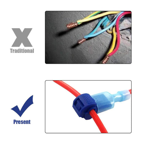 Comparison showing traditional wire splicing and T Tap Wire Connectors Kit 60 Pieces 30 Pairs Self Stripping Plug And Play Ready Quick Wire Splice Taps And Insulated Male Quick Disconnect Terminals 22 18 AWG Red 16 14 AWG Blue 12 10 AWG Yellow Ideal For Automotive And Home Wiring in use.