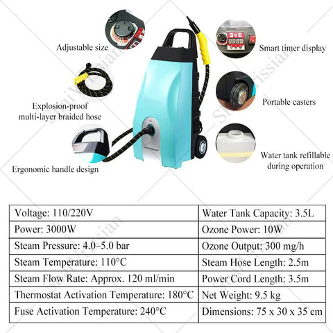 Heavy-Duty 3000W Professional Steam Cleaner With 3.5 Gallon Tank, portable with adjustable hose and ergonomic handle.