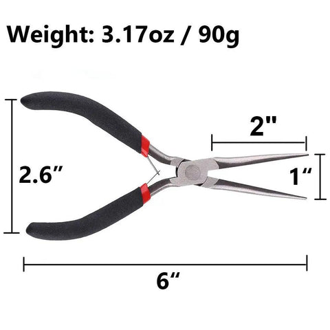 Two Pack Extra Long Needle Nose Pliers For Precision Wire Work, 6-inch, carbon steel, PVC handle, shown with dimensions