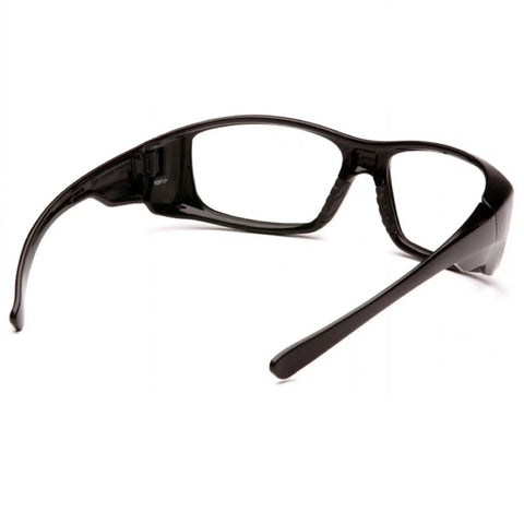 Side view of Emerge Full Reader Safety Glasses With 2.0X Reading Magnification Black Frame Clear Lenses Dual Lens Eye Protection