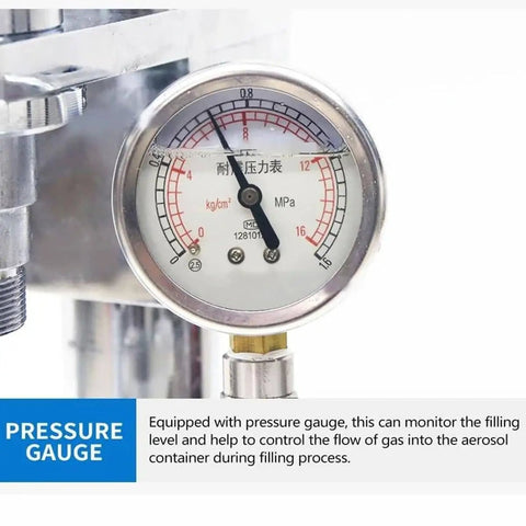 Pressure gauge on Slick Manual Aerosol Spray Can Filler Machine For Zero Hassle Paint Refills And Butane Gas Tanks.