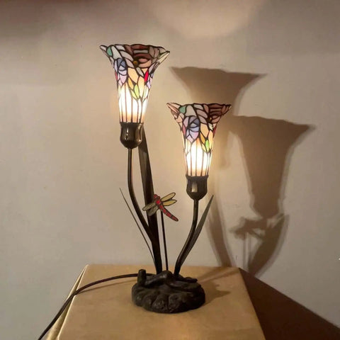 Lily Flowers And Dragonfly Tiffany Style Stained Glass Table Lamp 19 Inch Tall Handcrafted Accent Lighting With Warm White Glow