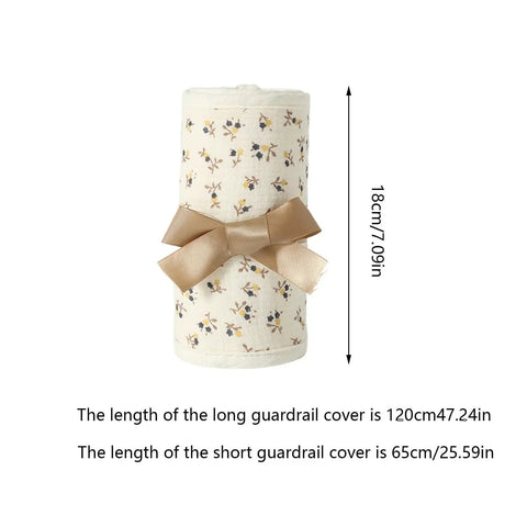 Rolled 4 Piece Bed Rail Covers For Teething With Breathable Cotton Gauze, floral pattern, bow tie, measurements shown