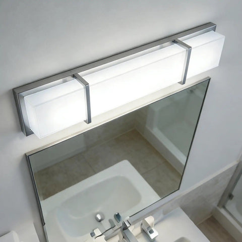 27 Inch Brushed Nickel Vanity Light Fixture, Sleek Modern Over Mirror Bright Cool White 6000K, 28W Dimmable Bathroom Lighting installed above mirror