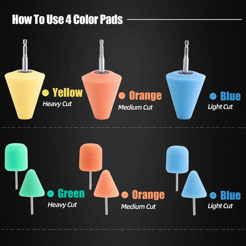 Color-coded polishing cone pads for Polishing Cone 9 Piece Sponge Buffing Set For Automotive Wheel Hubs And Metal Polish Buffing Ball.