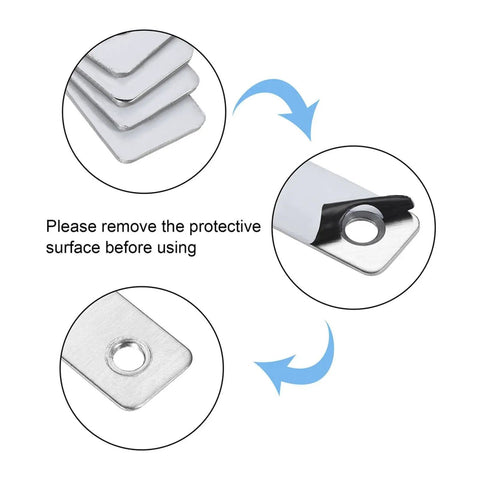 Close-up of 10Pcs Flat Mending Corner Brace Plate Set 76x12mm, silver tone detail, protective layer removal instructions.