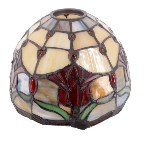 Red Tiffany Style Stained Glass Tulip Table Lamp With Bronze Metal Leaf Base, showing floral stained glass shade detail
