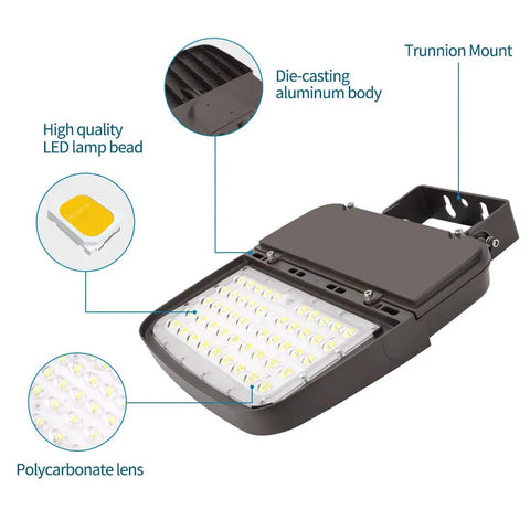 Close-up of 2 Pack 150W LED Parking Lot Light With Dusk To Dawn Photocell, die-cast aluminum, trunnion mount, 5000K daylight lens.