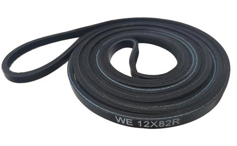87 Inch 4 Rib Dryer Belt Replacement One Quarter Inch Wide For Wide Range Of Front Load Dryers Includes WE12X82 WE12X10014 AP4379804 WE12X42 WE12X82P Durable Construction For Long Lasting Performance Easy To Install With Minimal Tools. black WE12X82R dryer belt coiled on white background