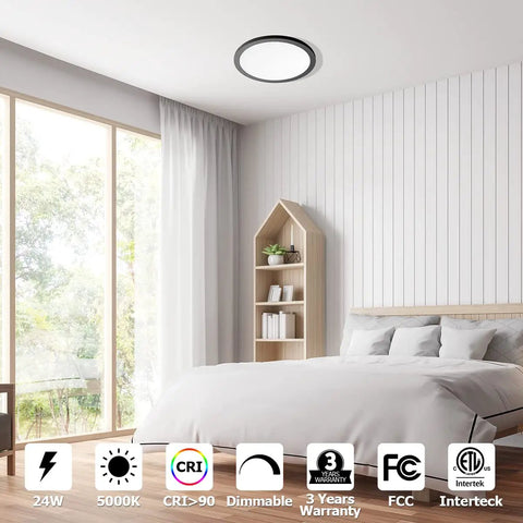 Modern bedroom with Two Pack 12 Inch Black Flush Mount LED Ceiling Light, 24W Round Dimmable Ceiling Lamp
