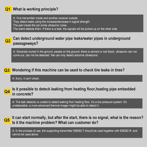 allsun ultrasonic leakage detector FAQ page with five Q&As (Q1–Q5) on gray background.