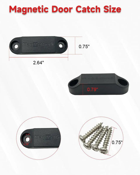 Magnetic RV Door Catch and Holder Kit Keeps Doors Open for Campers, Motorhomes, Travel Trailers and Boat Hatches, dimensions and screws