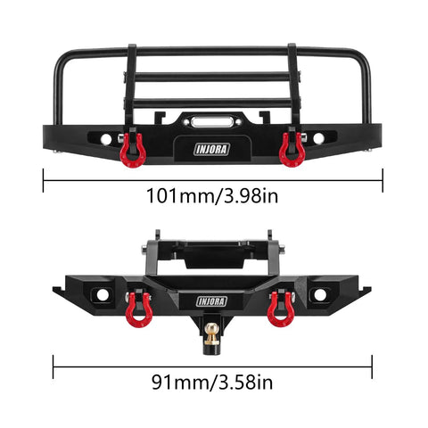 Aluminum RC Bumper Set For 1/18 TRX4M Defender, CNC Front 37G And Rear 26G Bumpers With LED Lights, Removable Tow Hitch shown