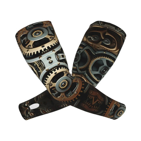 Ice Cold Sun Blocking Arm Sleeves Featuring Gear Art Ice Silk Cooling Covers For Cycling Golf Fishing And Gardening showing gear design in black and gold.