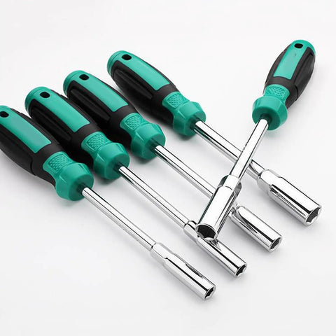 Fort Knox Tough Hex Nut Driver Socket Set Featuring Six Millimeter Wrench And Precision Screwdriver Bits. Close-up view of hex driver sockets.