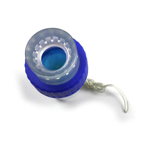 Top view of Water Powered Faucet Turbine Generator With 5V 3W LED No Fuss Plug And Play AC Generator, blue plastic, white cord.