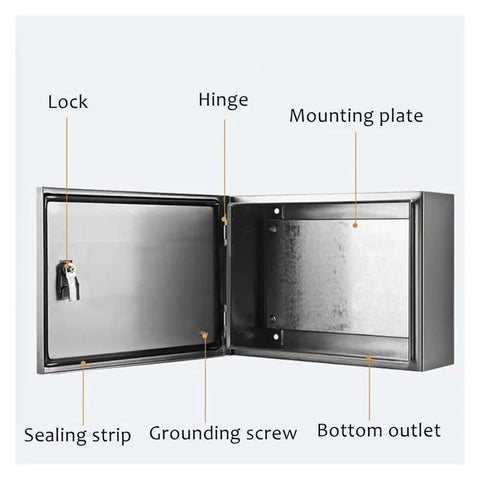Stainless Steel Outdoor Electrical Junction Box Weatherproof Enclosure With Heavy Duty Corrosion Resistant Construction For Harsh Weather Protects Outdoor Wiring And Connectors Size 24 By 32 By 6 Inches 2mm Thick Wall, open door
