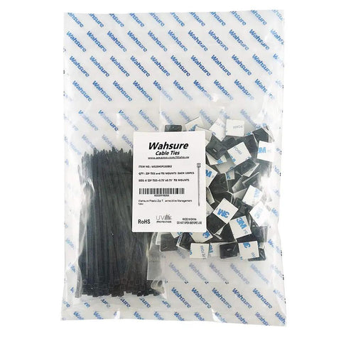 Pack of Self Adhesive Wire Clips And Cable Zip Tie Mounts Three Quarter Inch With Six Inch Zip Ties Black Outdoor UV Protected