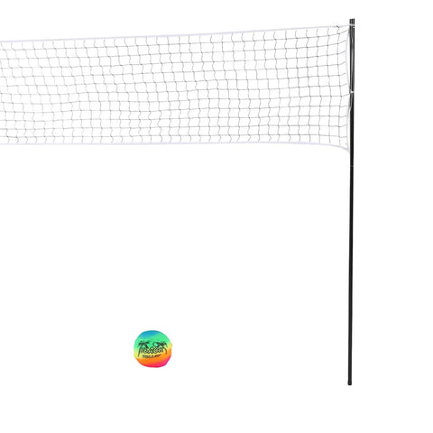 Portable Beach Volleyball Set With No Sag Net System with pro-grade steel pole and volleyball viewed from the side.