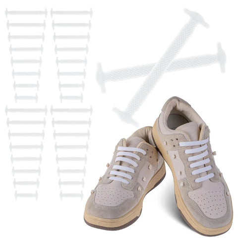 No Tie Silicone Elastic Shoelaces For Sneakers With Stretchy Locking Ends, Easy Slip In T Row Ends, White silicone lace set for sneakers