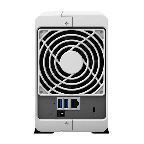 Next Level Network Attached Storage Server For Business Featuring Slick Two Terabyte Solid State Drives And Hella Quick Quad Core Processor With 512 Megabytes Ram And Gigabit Network Port For Badass Backup And Private Cloud Setup. Rear view showing cooling fan and multiple ports.