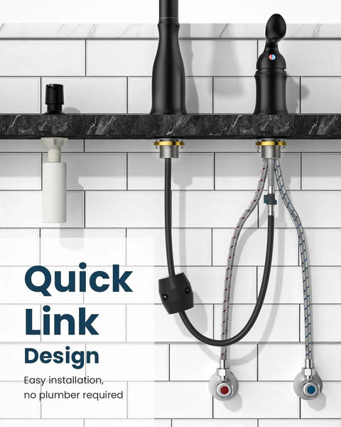 3 Hole Matte Black Kitchen Faucet With Pull Down Sprayer, Soap Dispenser, And Separate Handle installation parts view