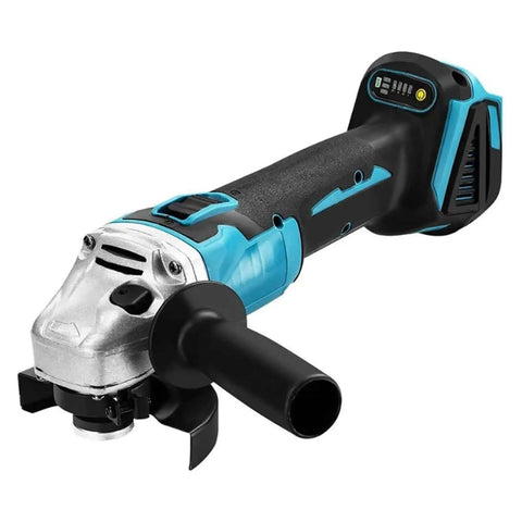 No-Brainer Brushless 4-Piece Cordless Power Tool Set Including Angle Grinder with non-slip grip and rechargeable battery.