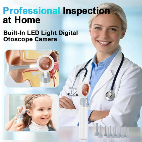 Otoscope Ear Camera With Light And Built In One Point Four Inch HD Screen Plug And Play Ear Scope For Quick No Fuss Home Checks 1080P Clarity USB PC Compatible No Apps Needed For Viewing, doctor holding white ear scope