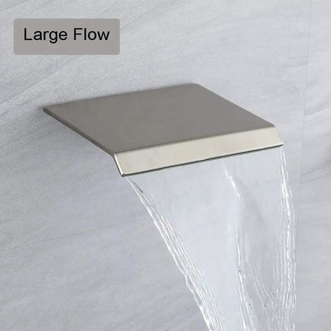 Top Notch Brushed Nickel Shower System showing large flow from stainless steel waterfall spout, wall mounted.