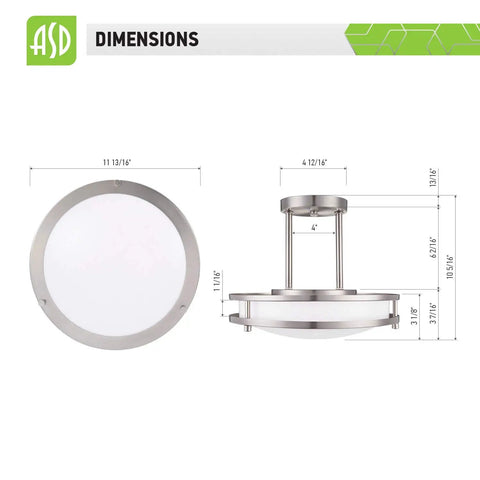 Dimensions of Cool Modern Steel Round Semi Flush Mount LED Ceiling Light Fixture, 12 Inch, 15W 120V, ETL Listed, Nickel Finish