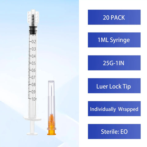 1 Milliliter Syringe Set, 25 Gauge 1 Inch, 100 Pack, Individually Sealed, Clear Measurement Scale, Smooth Plunger, Leak Proof, Ideal for Lab, Industrial, and Home Tasks, clear 1 mL syringe